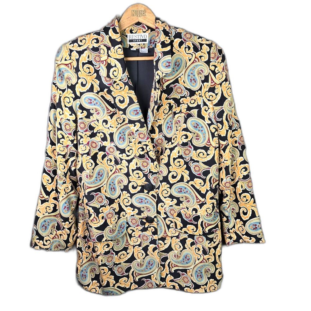 Restivo Sport Blazer Black Gold 6 Baroque Paisley Vintage 80s Pure Silk